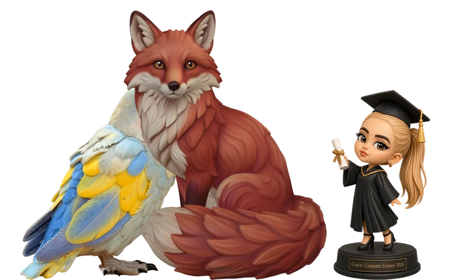 Parrot, fox and figurine 3D models generated with Meshy