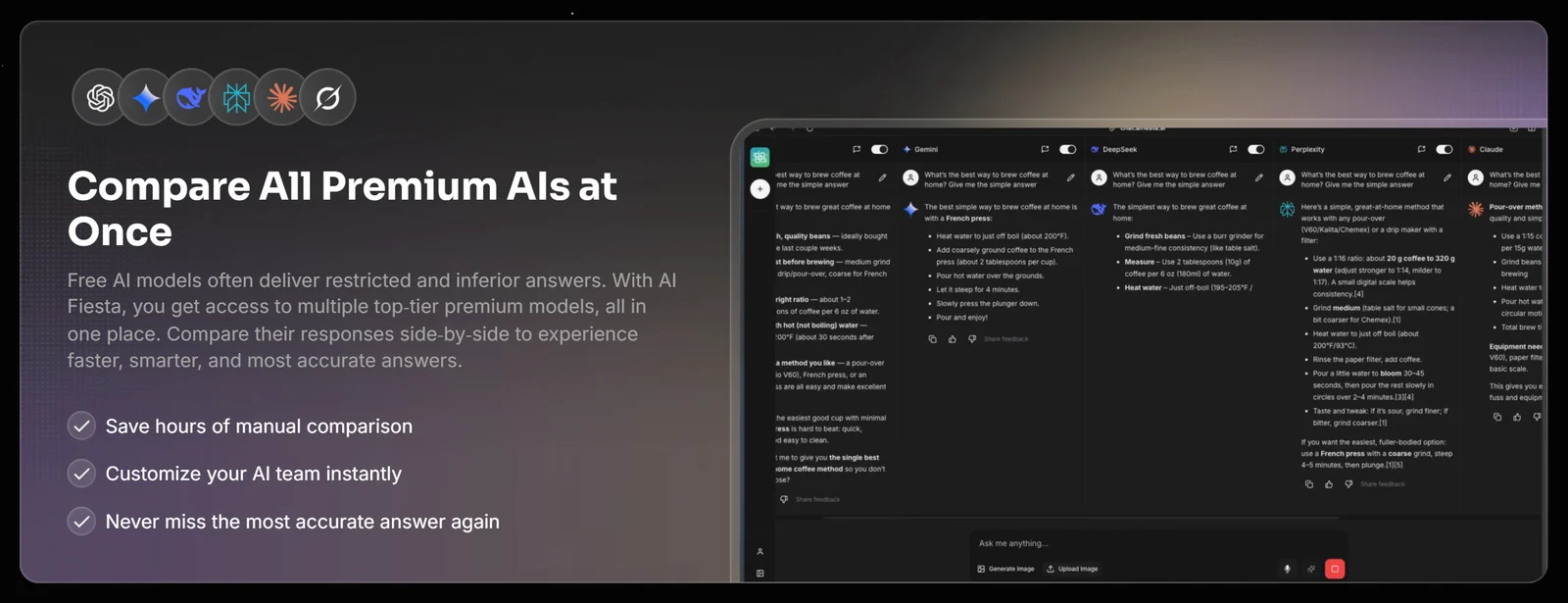 AI Fiesta feature block describing comparing all premium AI models at once in parallel columns