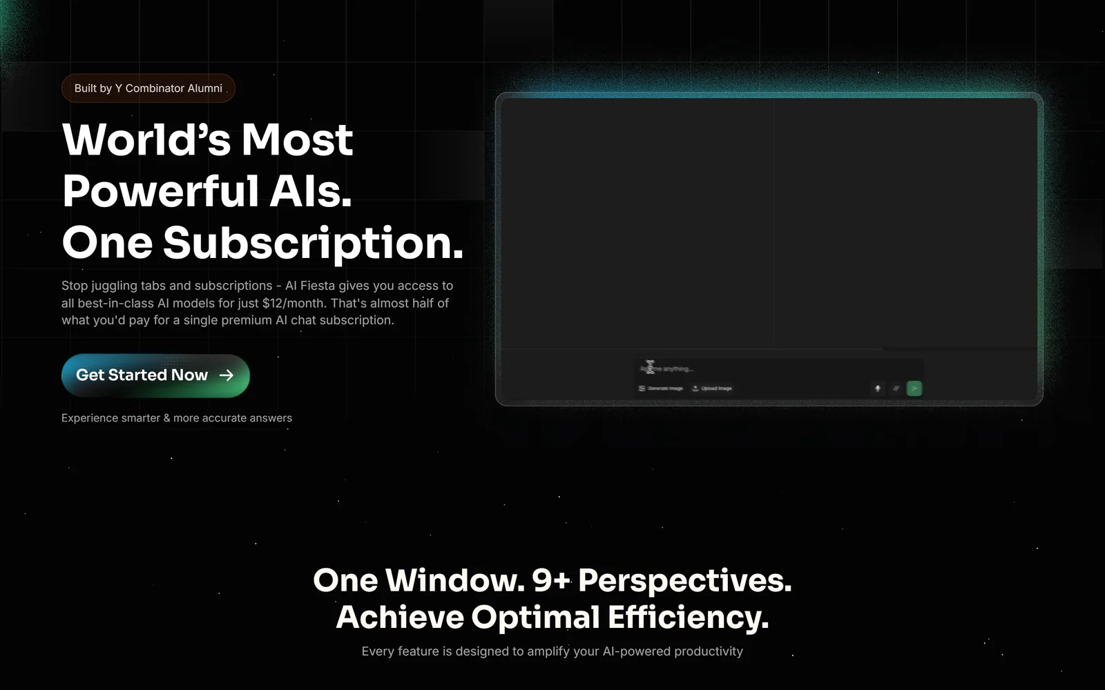 AI Fiesta homepage showing the headline World's Most Powerful AIs, One Chat, One Subscription
