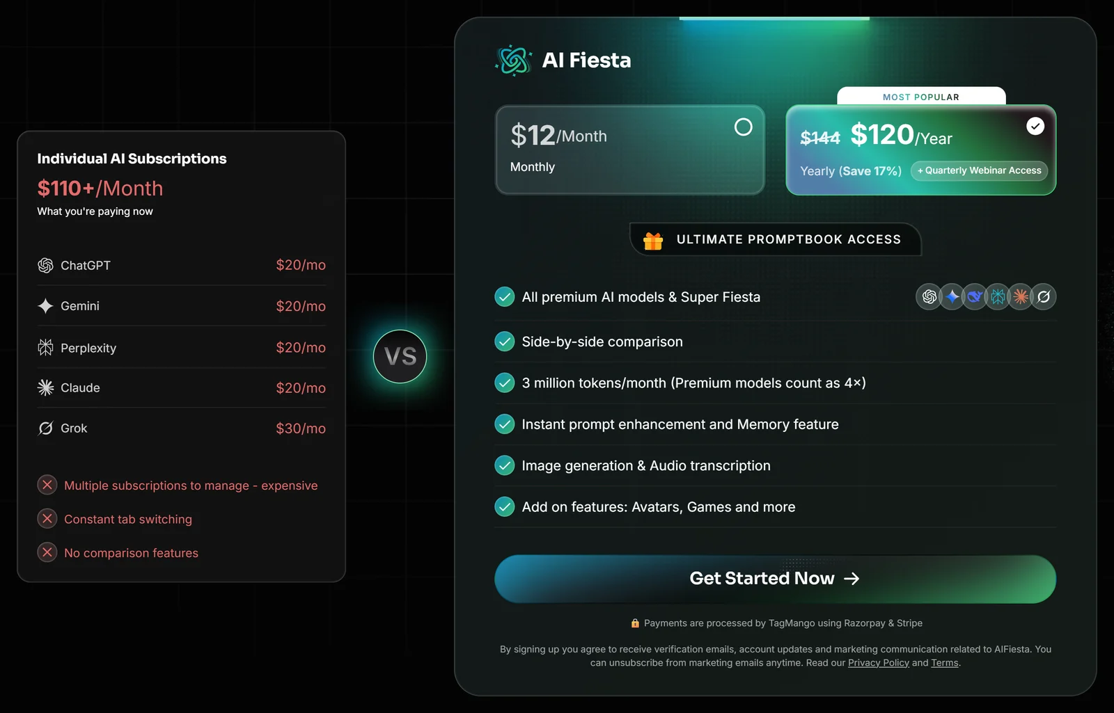 AI Fiesta pricing comparison showing individual AI subscriptions at $110 per month versus AI Fiesta at $12 per month or $120 per year