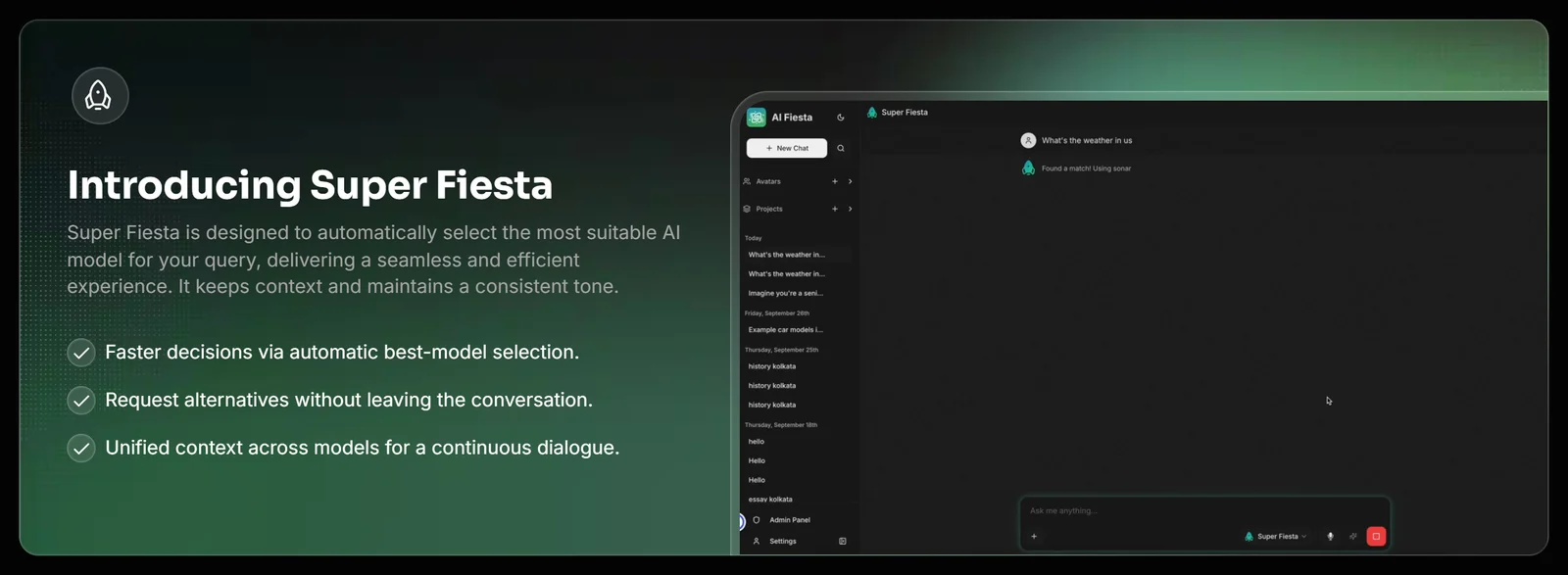 AI Fiesta Super Fiesta feature block describing automatic model selection for each query