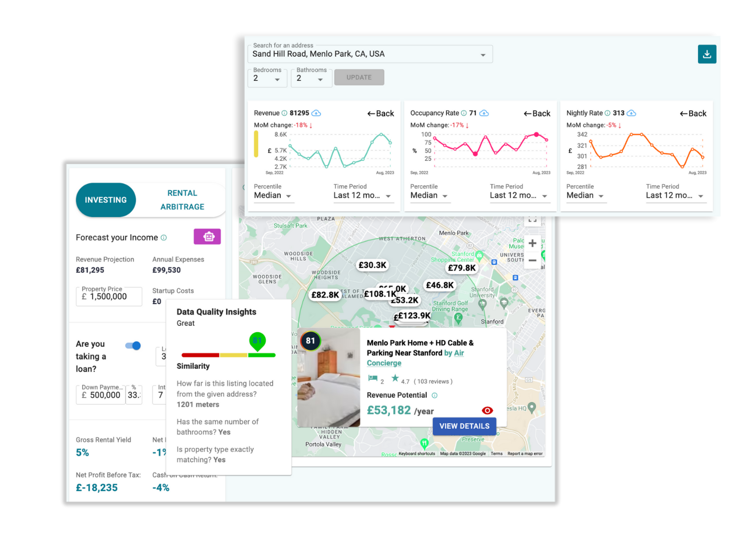 Airbtics Airbnb investment calculator showing mortgage inputs, expense breakdowns, and ROI calculations
