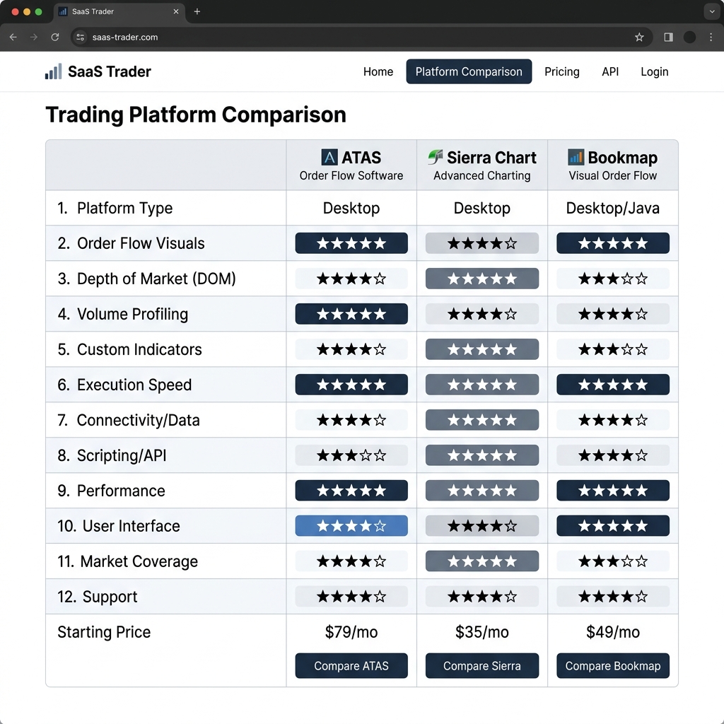 ATAS vs Sierra Chart vs Bookmap comparison infographic showing strengths across footprint charts, heatmaps, execution speed, and pricing