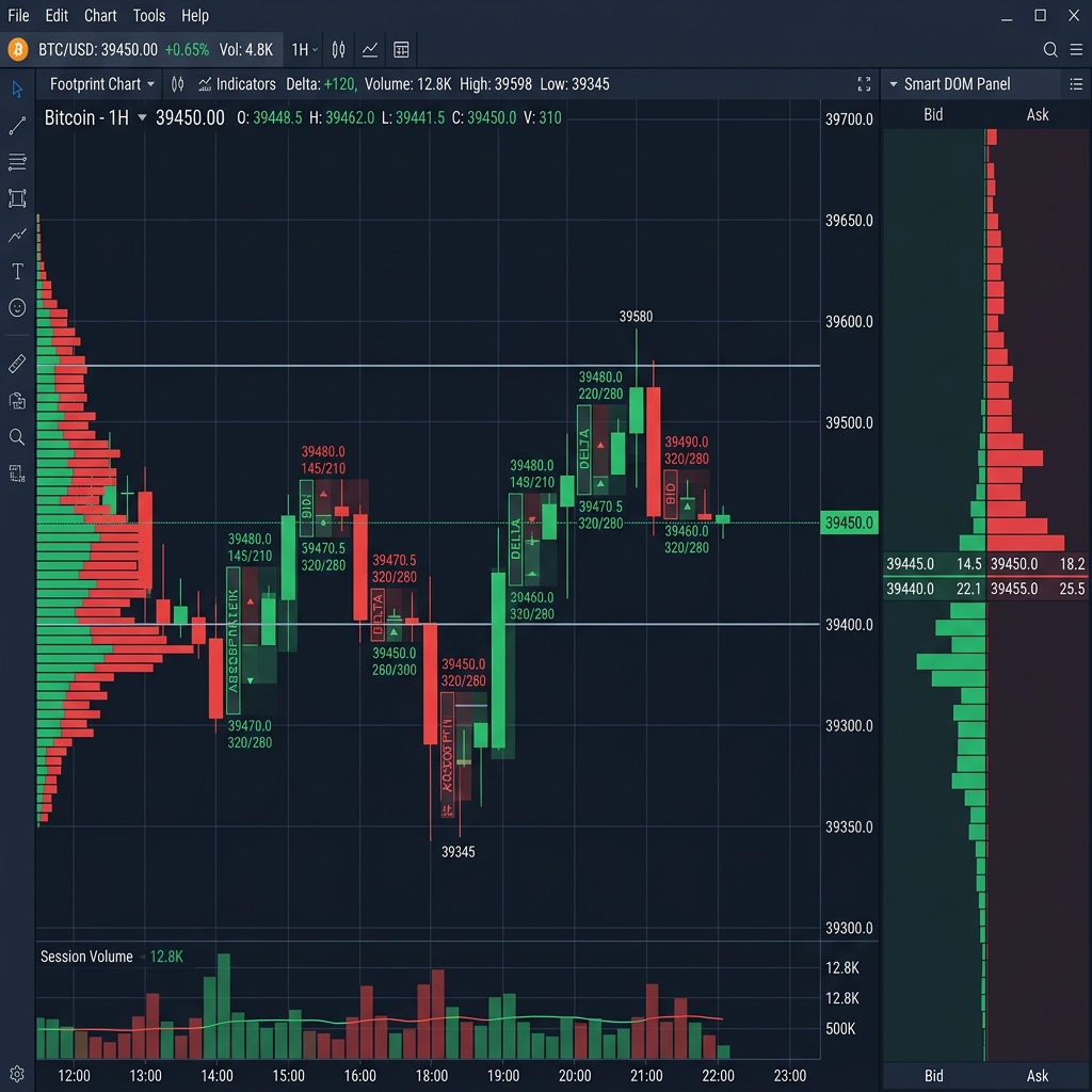ATAS advanced footprint chart showing volume clusters inside candlestick bars with buy/sell pressure visualization and Smart DOM panel