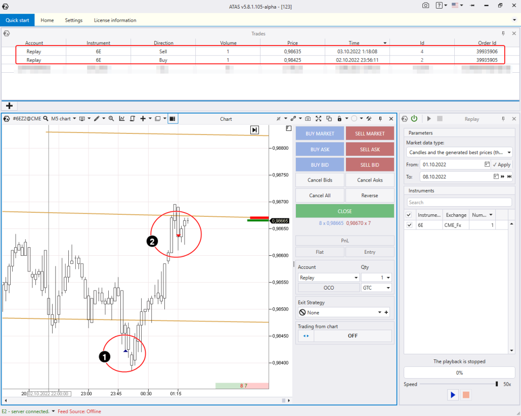 ATAS Market Replay interface with playback controls for practicing order flow reading on historical data