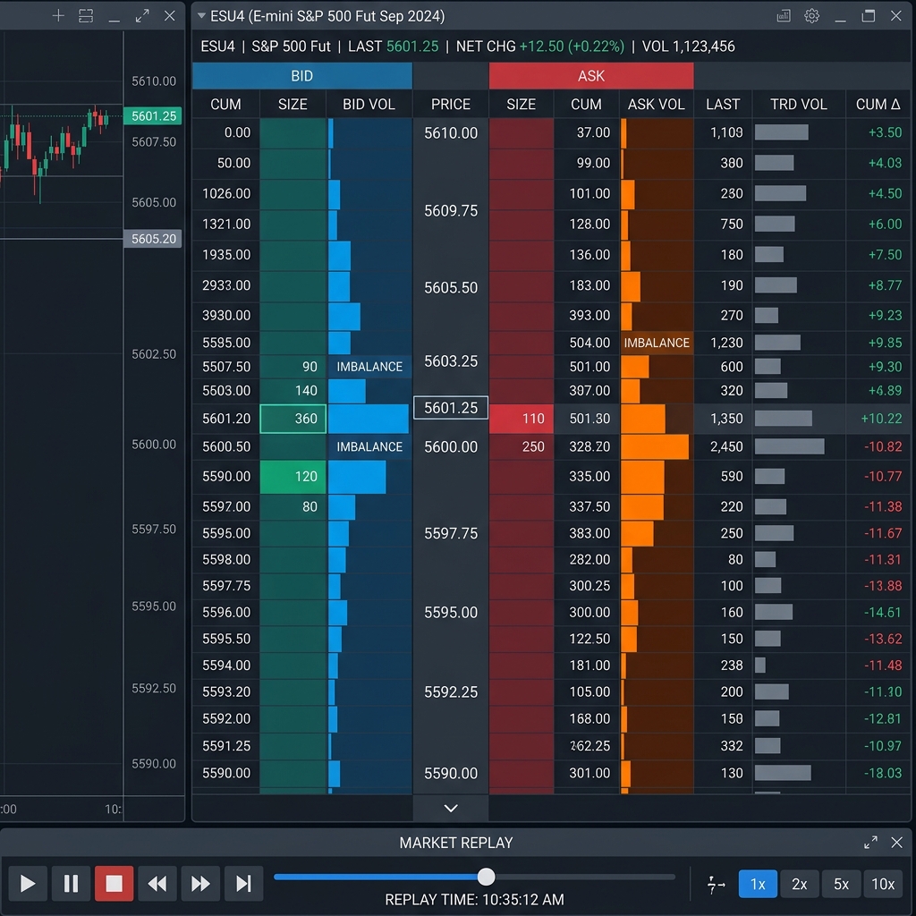 ATAS Smart DOM interface showing real-time order book depth with bid/ask volume histograms and market replay controls
