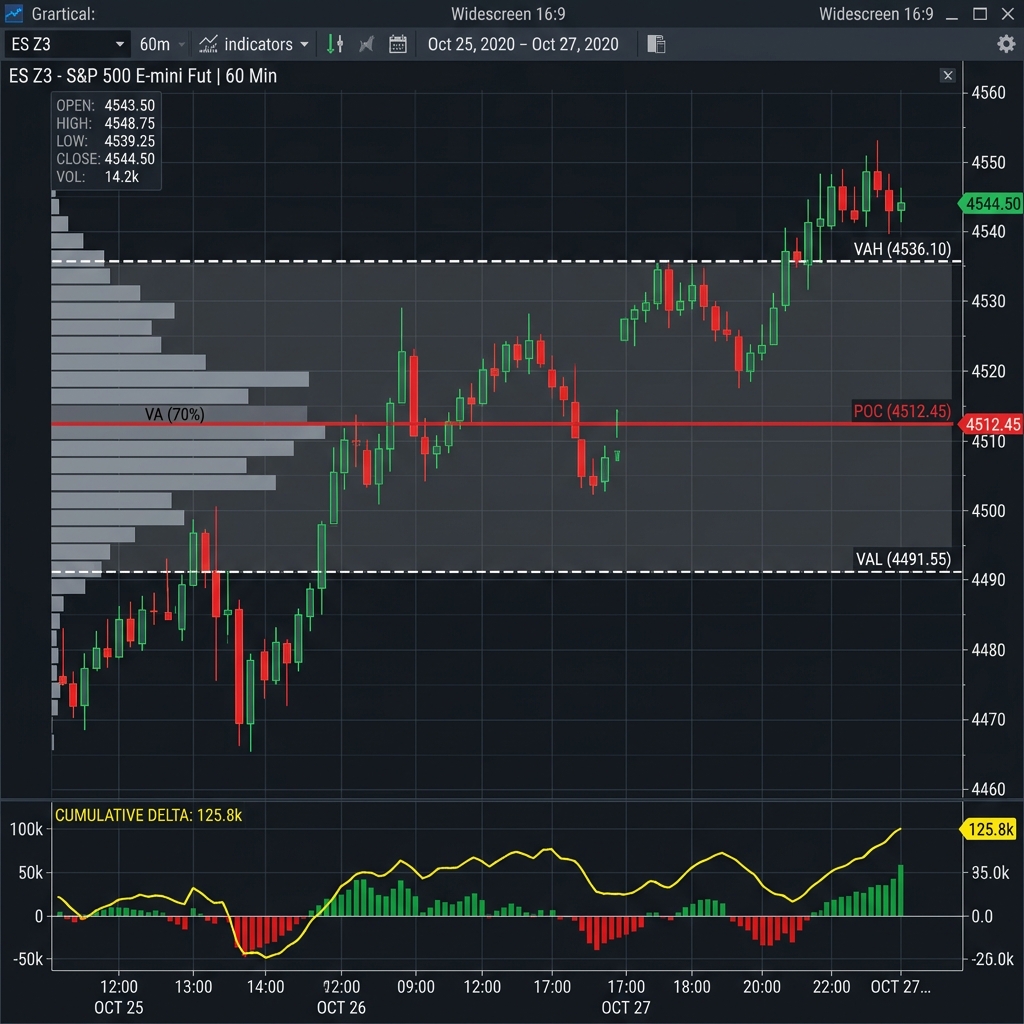 ATAS Volume Profile analysis overlaid on candlestick chart showing Point of Control and Value Area boundaries