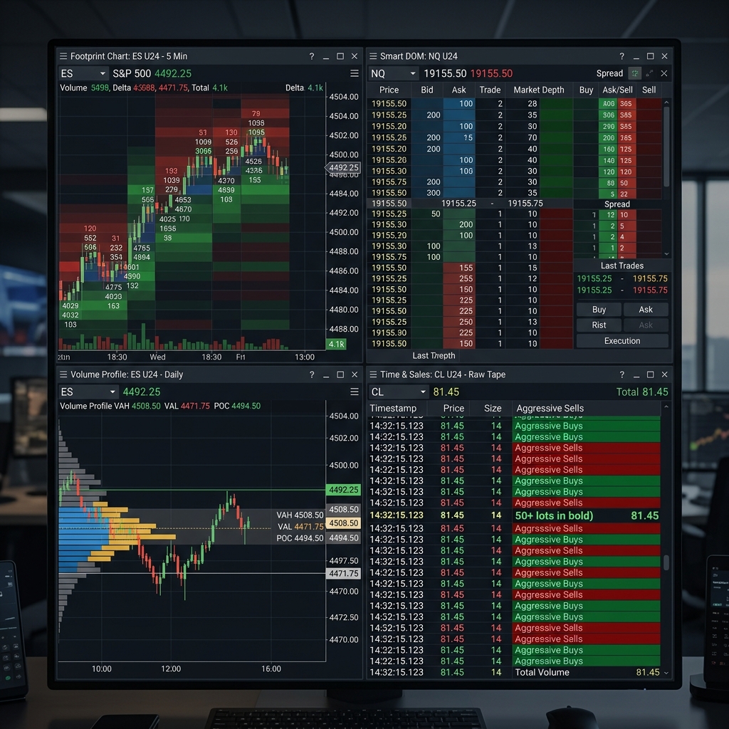 ATAS customizable multi-panel workspace with footprint chart, Smart DOM, volume profile, and time and sales panels