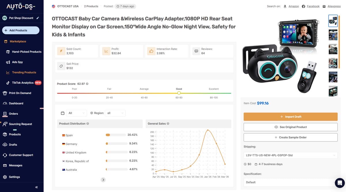 AutoDS AI listing generator transforming raw supplier product data into SEO-optimized titles, descriptions, and keyword tags with platform-specific output for Shopify, Amazon, and eBay