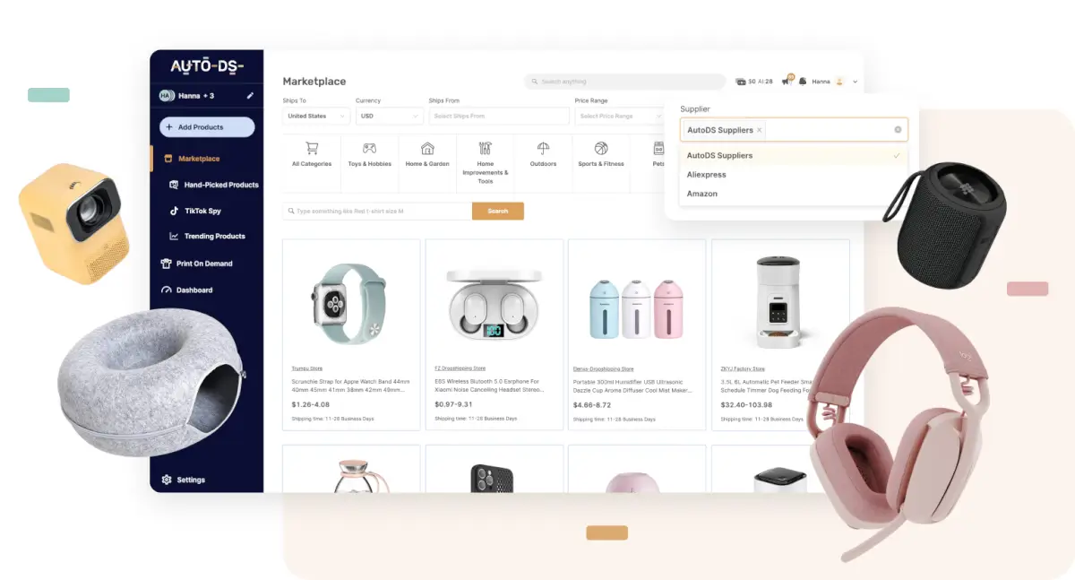 AutoDS product research marketplace displaying trending products with green profit margin badges, retail pricing, supplier ratings, and one-click import to store buttons