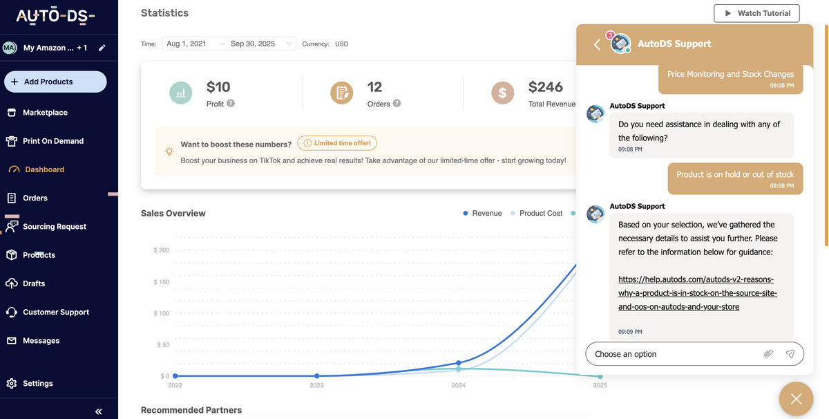 AutoDS real-time price and stock monitoring panel showing tracked products, supplier vs store price comparison, margin percentages, stock status alerts, and automatic price adjustment notifications