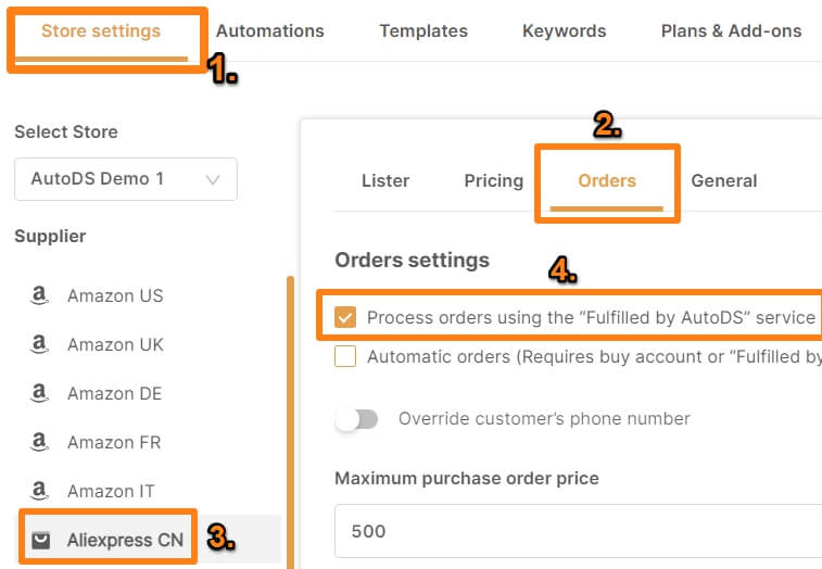AutoDS 4-step automated fulfillment pipeline: Customer order, auto-detection, supplier fulfillment, and tracking sync with 96.3% success rate