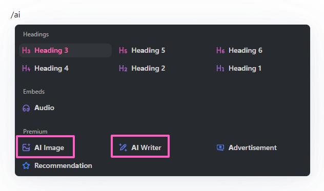 Beehiiv post editor interface showing block content options and AI writing assistant menu