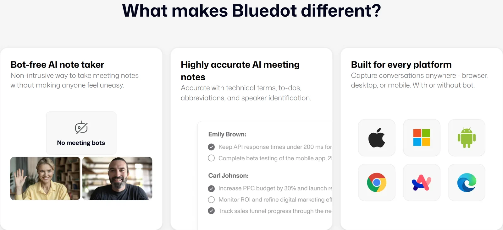 What makes Bluedot different: bot-free AI note taker, highly accurate AI meeting notes with speaker identification, and built for every platform, with or without bot
