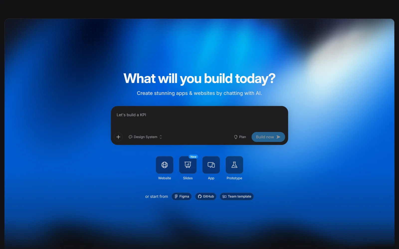 Bolt.new homepage, October 2026: What will you build today? A prompt box with Design System and Plan options, shortcuts for Website, Slides, App and Prototype, and start from Figma, GitHub or a team template