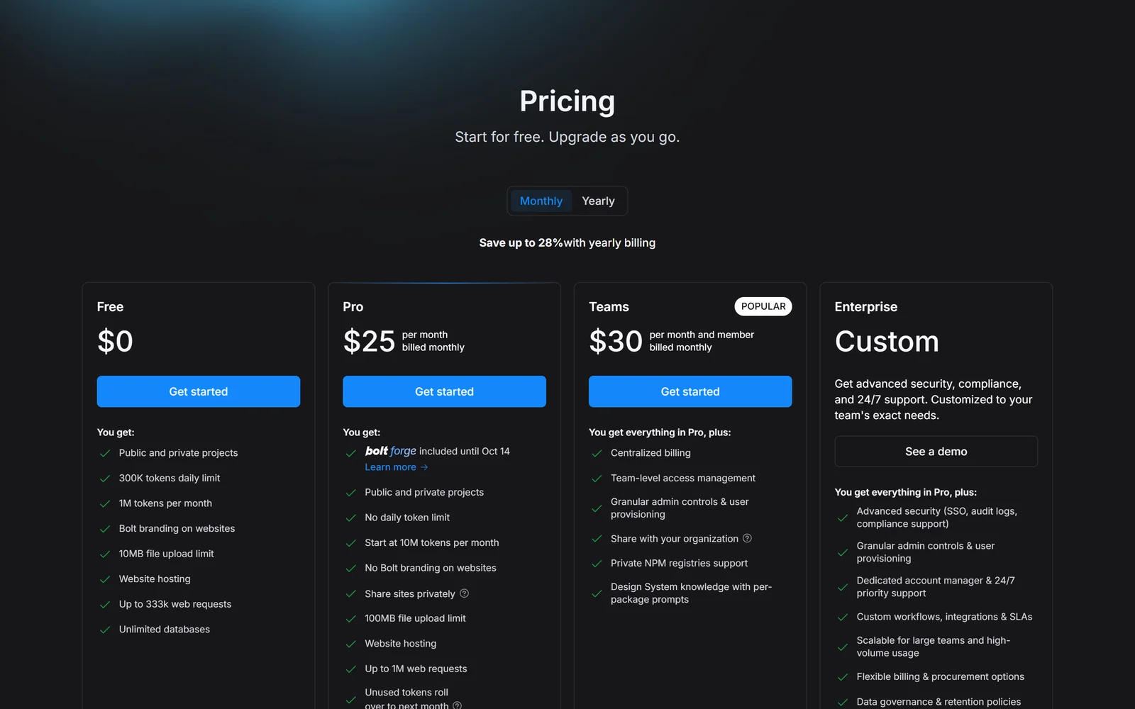 Bolt.new pricing, October 2026: Free $0, Pro $25 per month, Teams $30 per member per month, Enterprise custom, with monthly billing selected