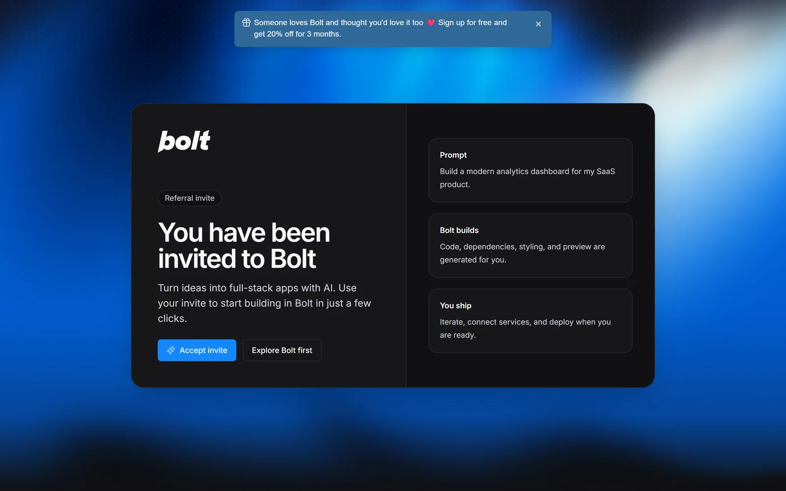 Bolt referral invite page: Someone loves Bolt and thought you'd love it too. Sign up for free and get 20% off for 3 months. You have been invited to Bolt, with Accept invite and Explore Bolt first buttons