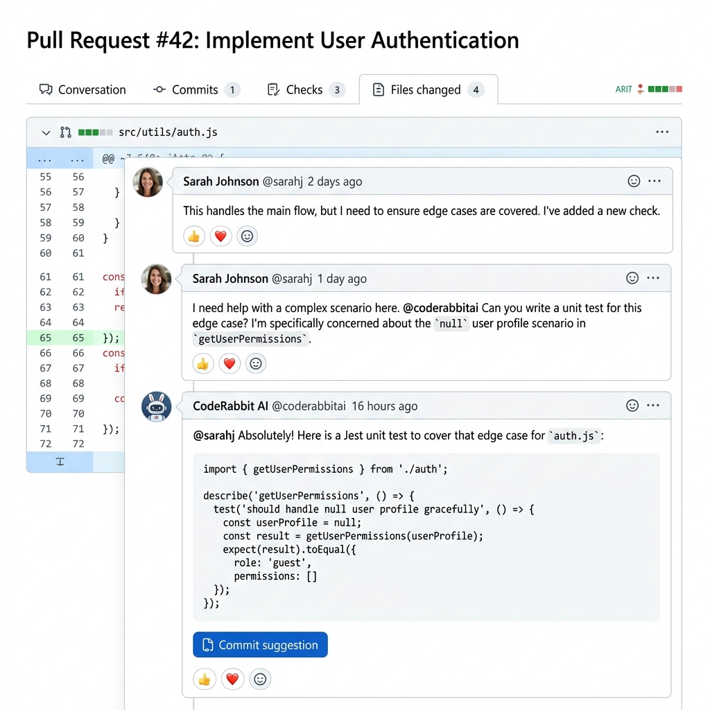 CodeRabbit agentic chat interface showing a developer requesting unit test generation and the AI responding with a complete Jest test file