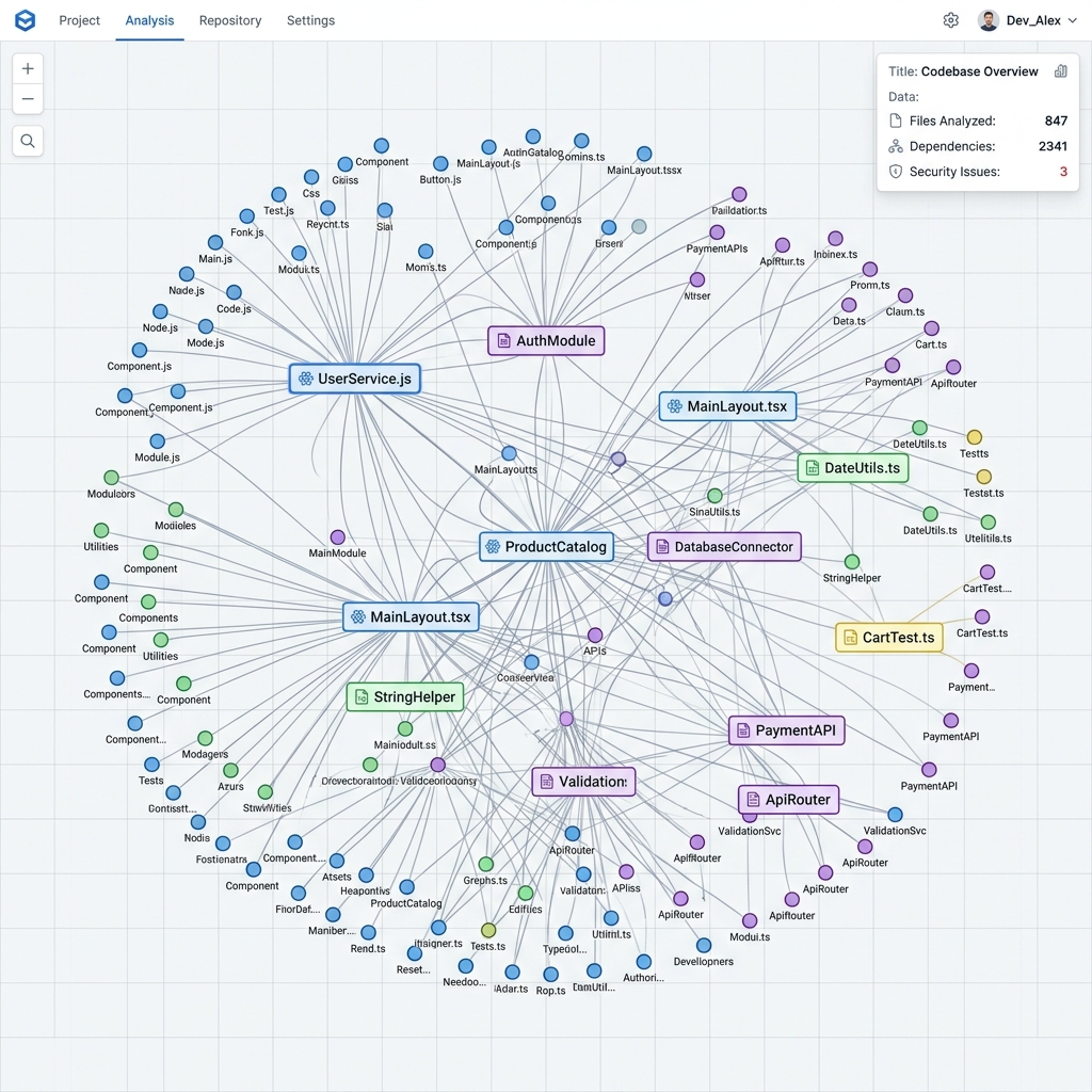 CodeRabbit Code Graph Analysis visualization showing repository dependencies, file connections, and security metrics