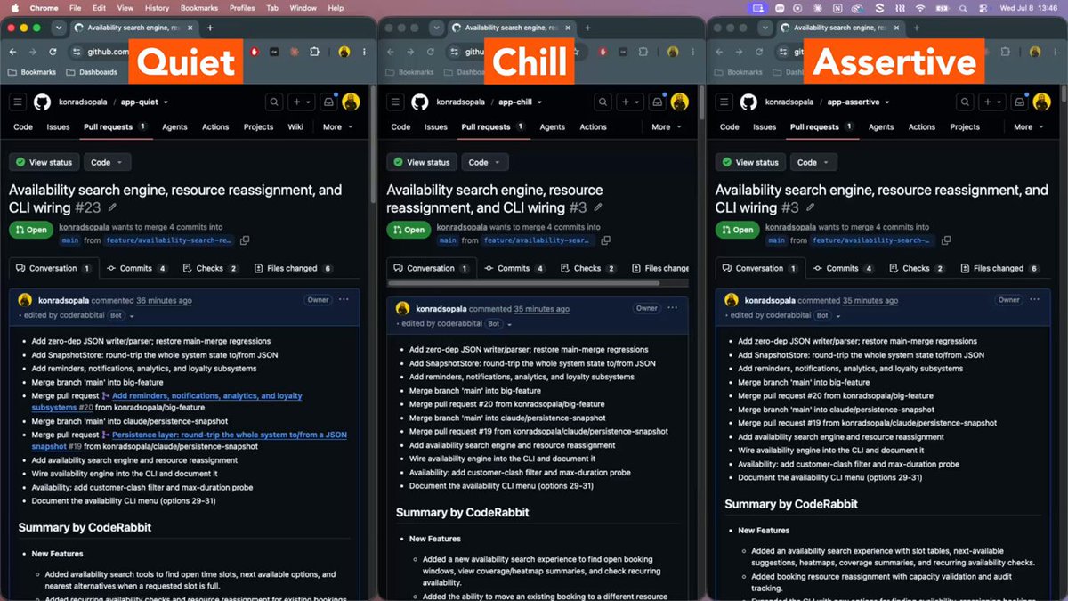 Side-by-side comparison of the same GitHub pull request reviewed under Quiet, Chill, and Assertive profiles showing differences in comment density