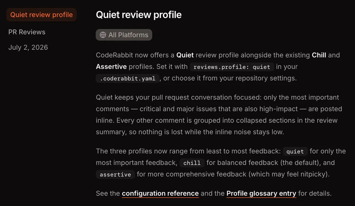 Screenshot of the official CodeRabbit product update introducing the Quiet review profile alongside Chill and Assertive options in July 2026