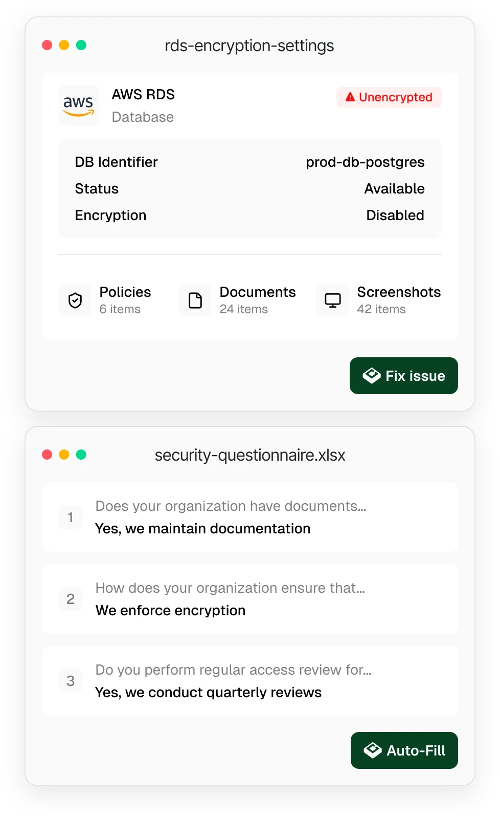 Comp AI automated evidence collection interface showing screenshots and system checks pulled from integrations.