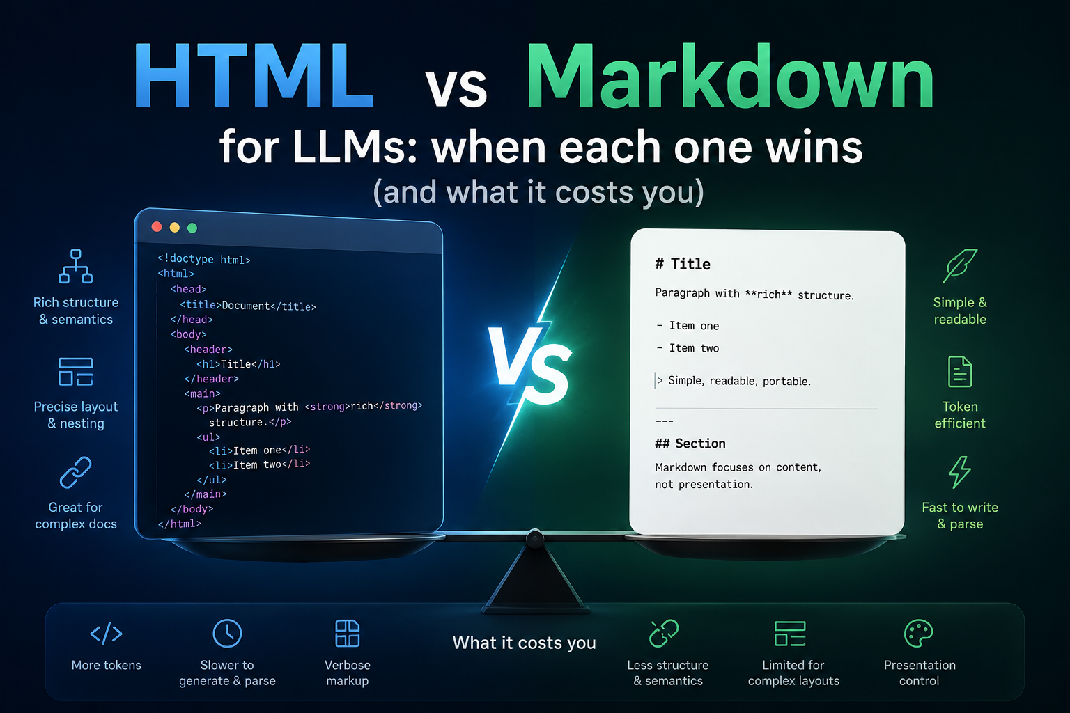 Comparison showing raw HTML markup on the left and clean structural Markdown formatting on the right