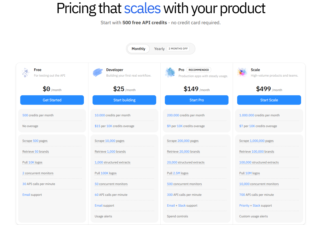 Context.dev pricing dashboard page showing plans and billing frequencies