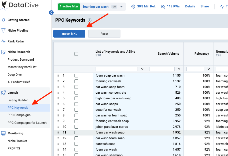 Data Dive PPC Campaign Builder showing keyword targeting, bid suggestions, and campaign structure