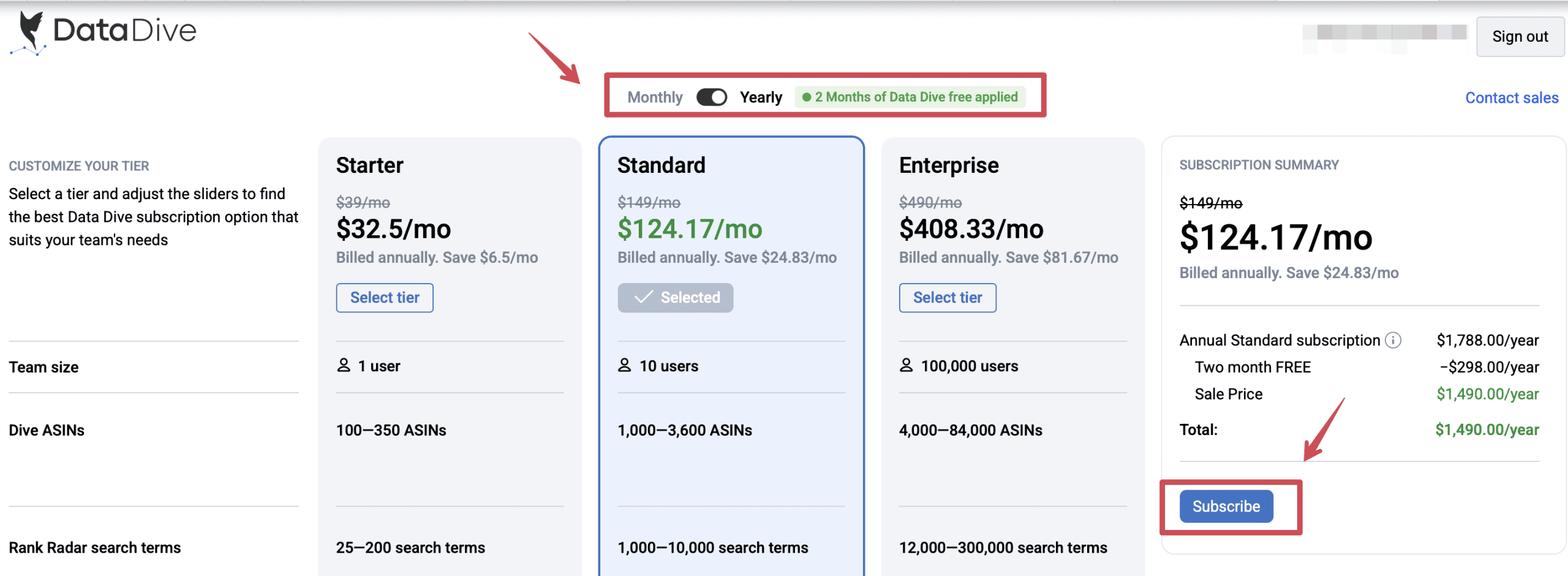 Data Dive pricing tiers showing Starter, Standard, and Enterprise plans with feature comparisons