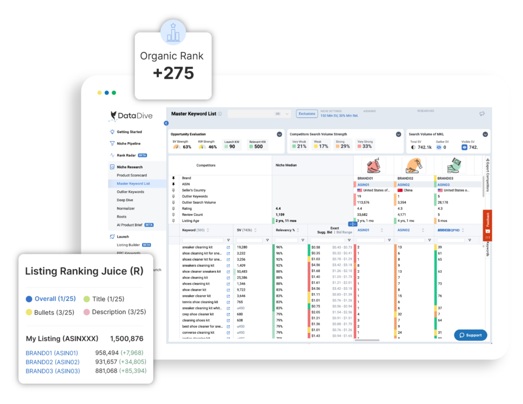 Data Dive product validation interface showing niche analysis with demand scores, competition levels, and revenue estimates