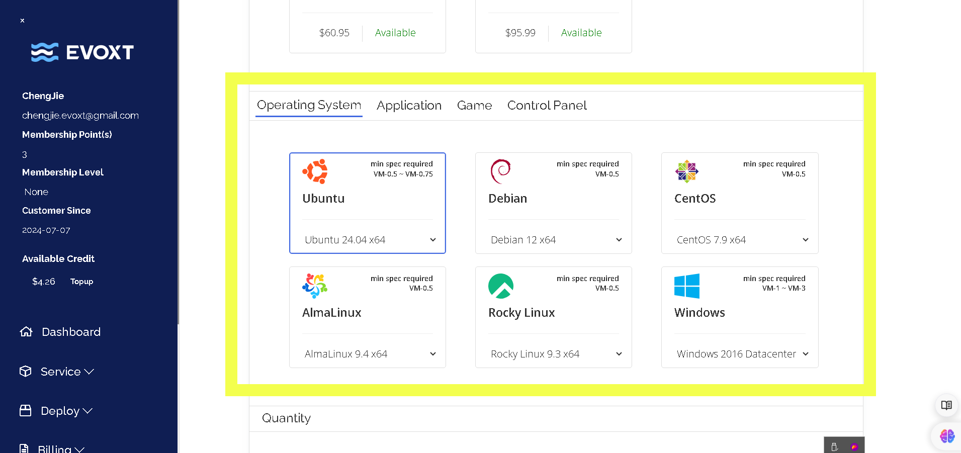 EvoXt Server Deployment and OS Selection Interface
