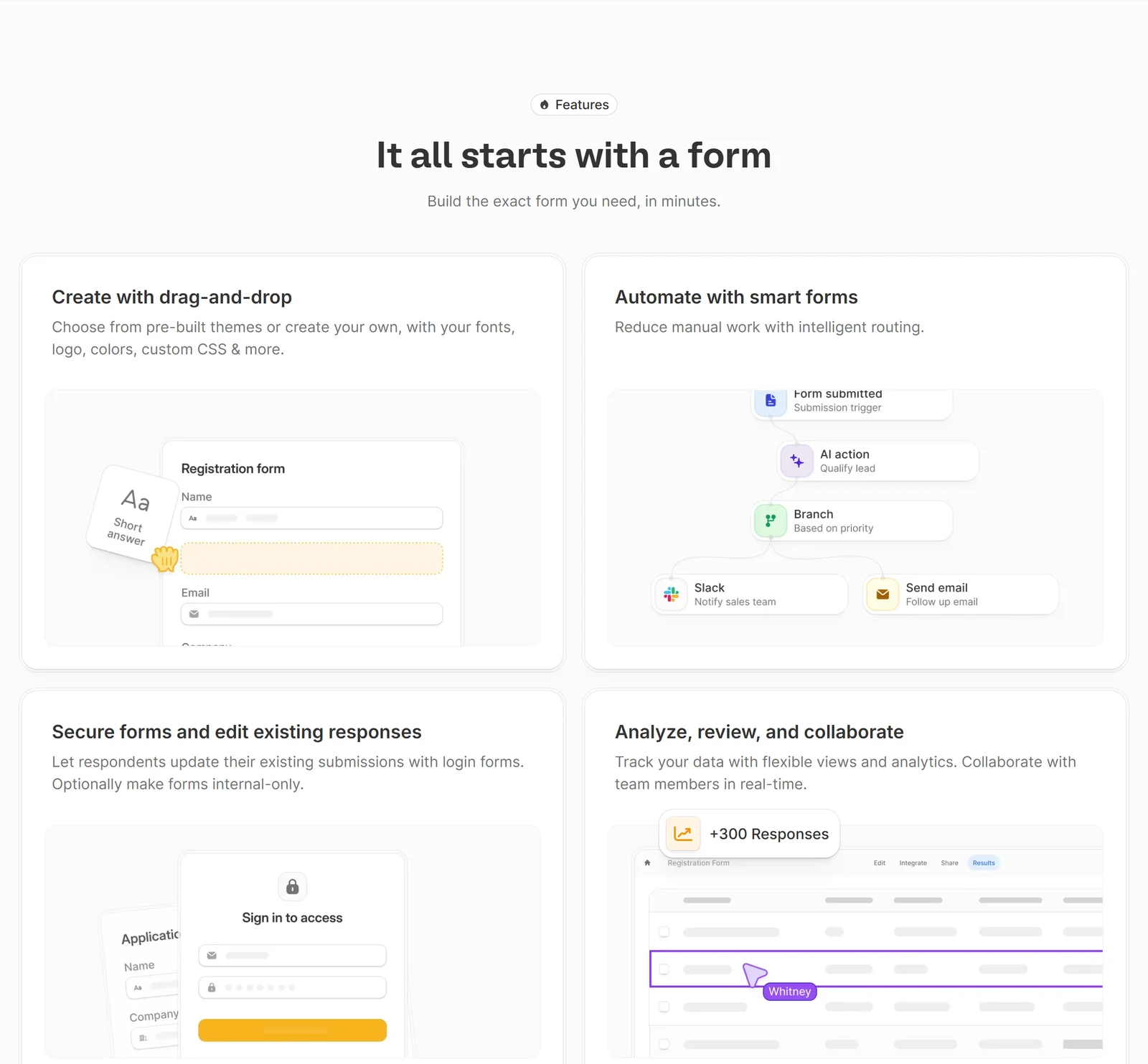 Fillout features: drag-and-drop builder, smart forms with AI routing, secure login forms, and collaborative results