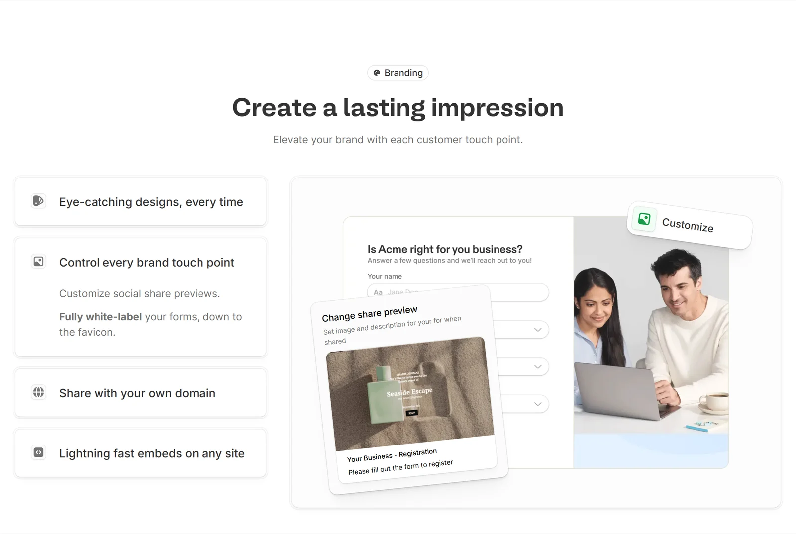 Fillout branding controls: custom designs, social share previews, white-labelling, your own domain and fast embeds