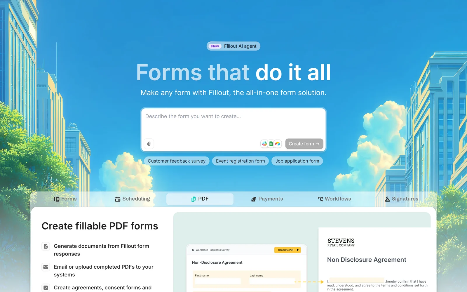 Fillout homepage, October 2026: Forms that do it all, with an AI form prompt and tabs for forms, scheduling, PDF, payments, workflows and signatures