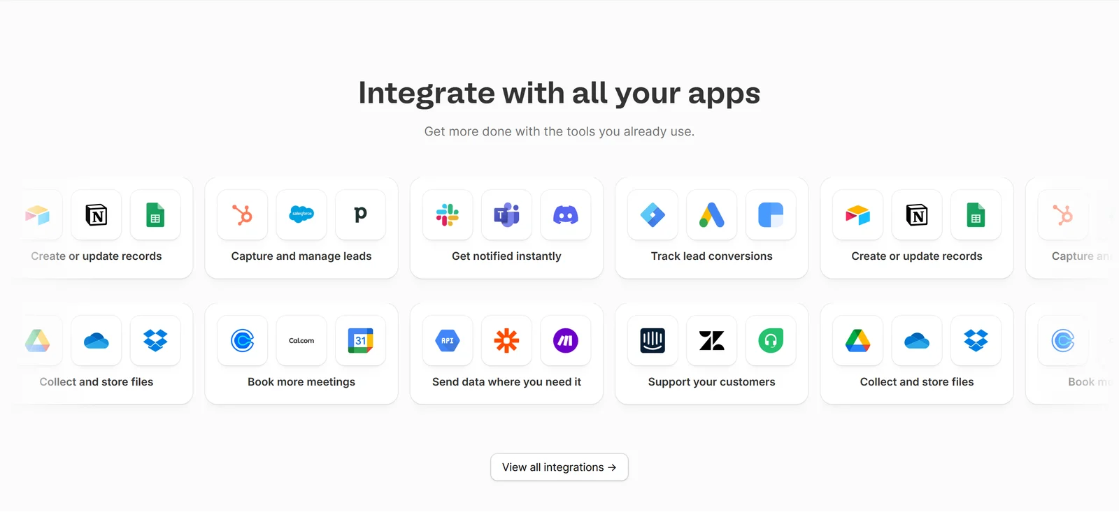 Fillout integrations: create or update records in Airtable, Notion and Google Sheets, capture leads in HubSpot and Salesforce, notify Slack and Teams