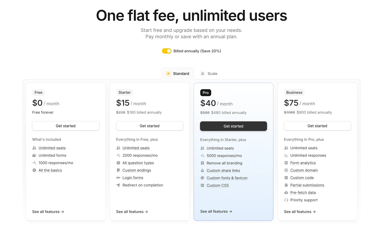 Fillout pricing: Free $0, Starter $15, Pro $40 and Business $75 per month billed annually, all with unlimited seats