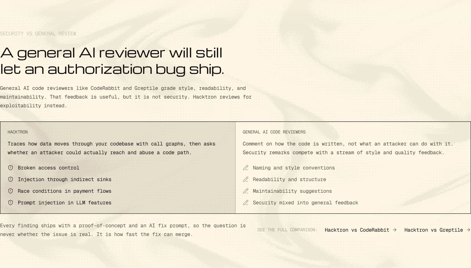 Hacktron comparing its exploitability-focused review against general AI code reviewers such as CodeRabbit and Greptile