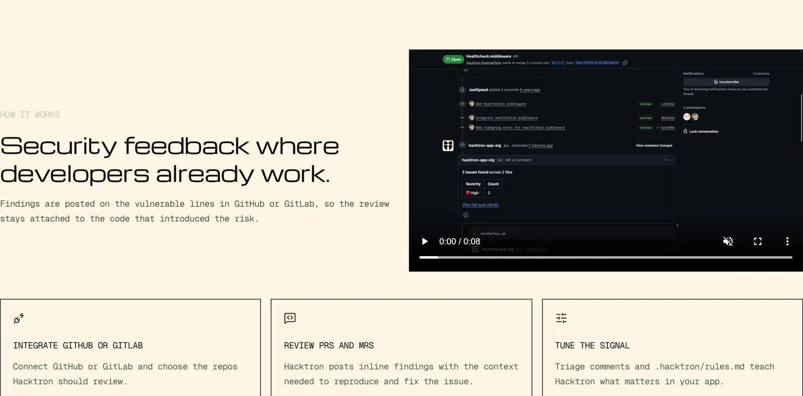 Hacktron posting findings inline on a GitHub pull request, with integrate, review and tune-the-signal steps