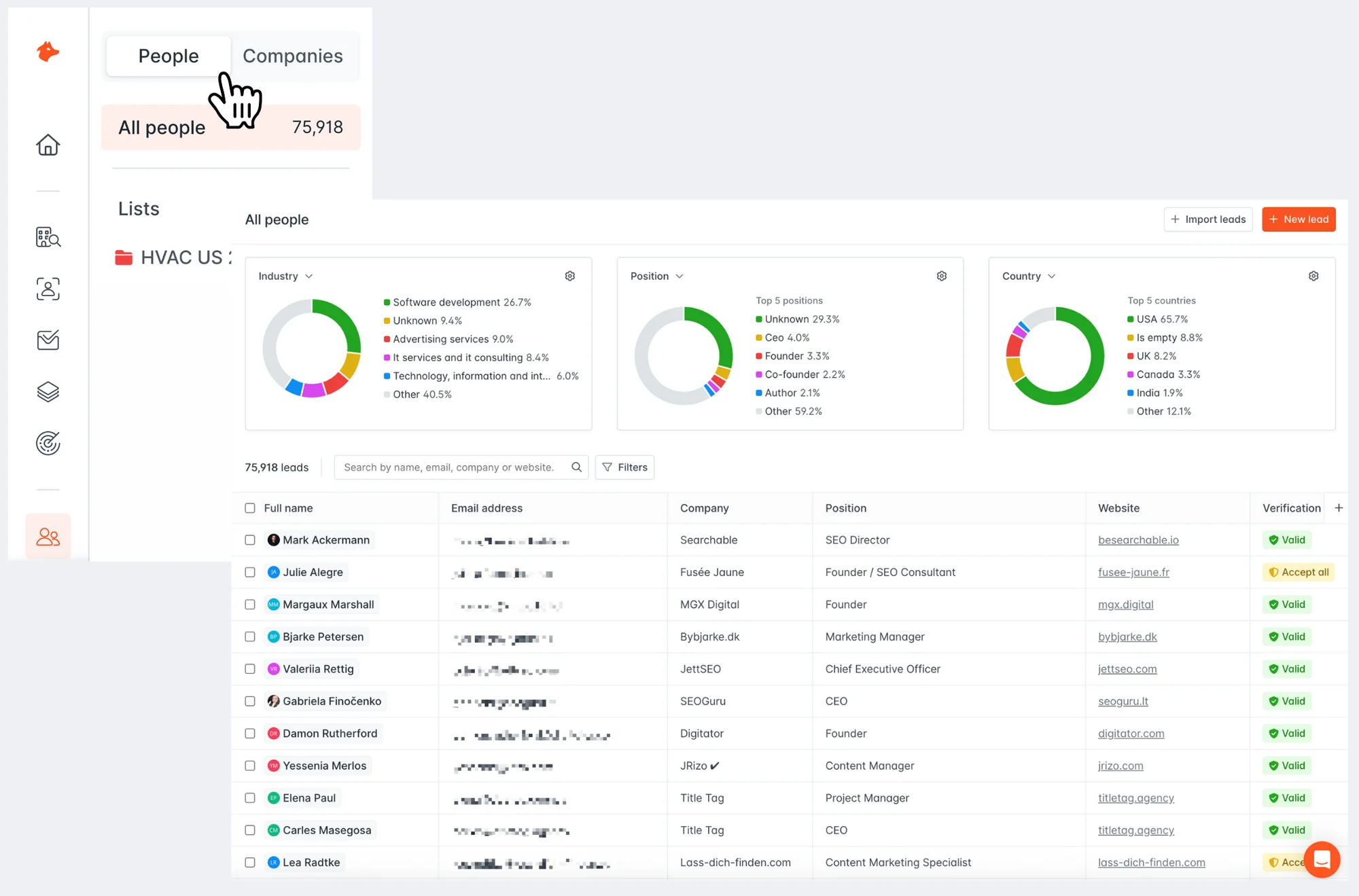 Hunter.io Dashboard Overview showing Domain Search, Email Finder, Email Verifier, and Campaigns