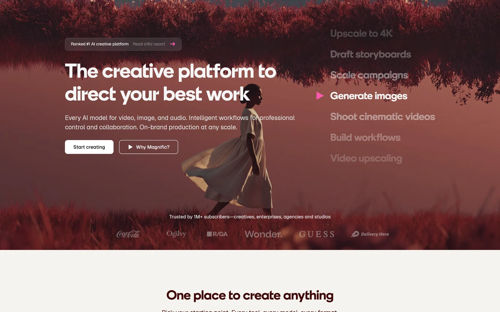 Magnific homepage, October 2026: The creative platform to direct your best work — every AI model for video, image and audio, trusted by 1M+ subscribers