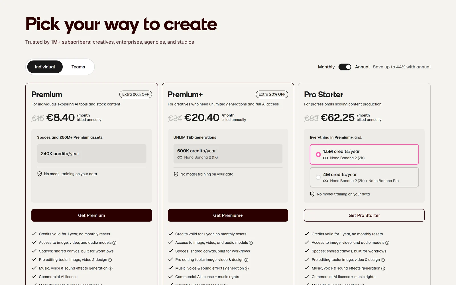 Magnific pricing through our referral link: Premium €8.40 and Premium+ €20.40 per month billed annually, each with an Extra 20% OFF badge