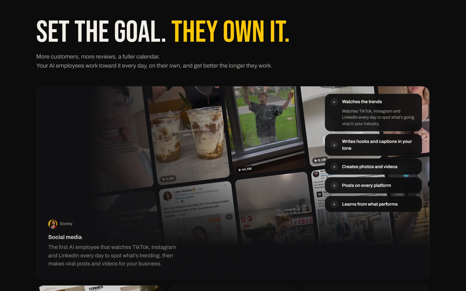 Sonny the social media employee: watches TikTok, Instagram and LinkedIn trends, writes hooks and captions in your tone, creates photos and videos, posts on every platform and learns from what performs