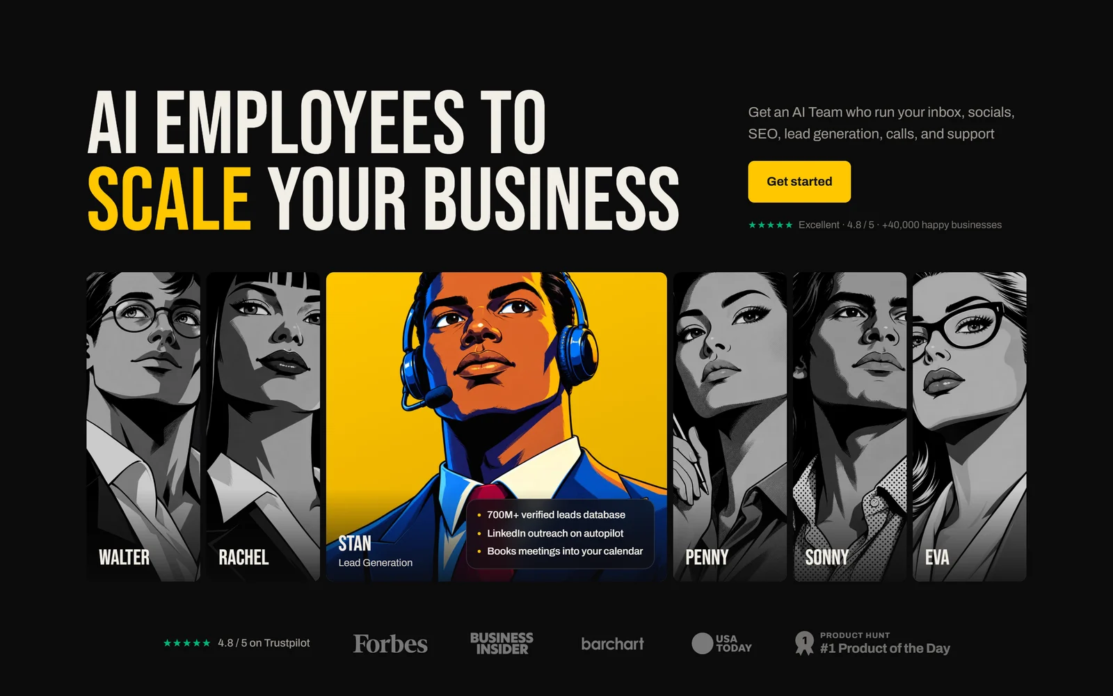 Marblism homepage, October 2026: AI employees to scale your business, with Walter, Rachel, Stan, Penny, Sonny and Eva and a 4.8 Trustpilot badge