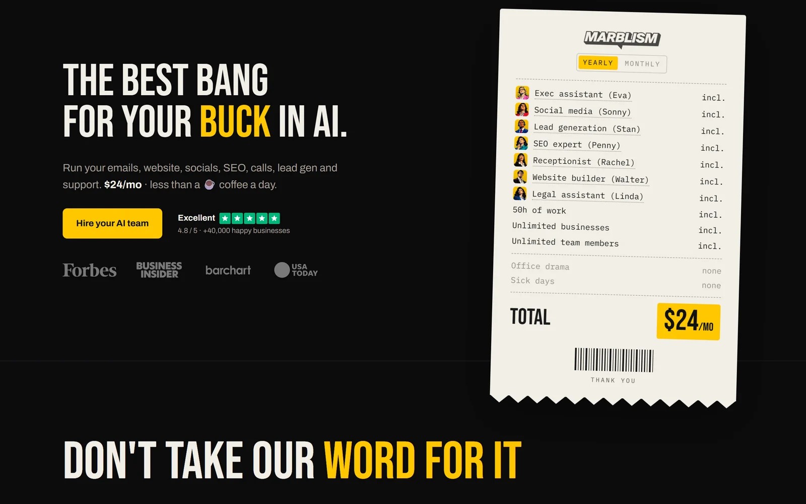 Marblism pricing receipt, October 2026: all seven AI employees, 50 hours of work, unlimited businesses and unlimited team members for $24 a month on yearly billing