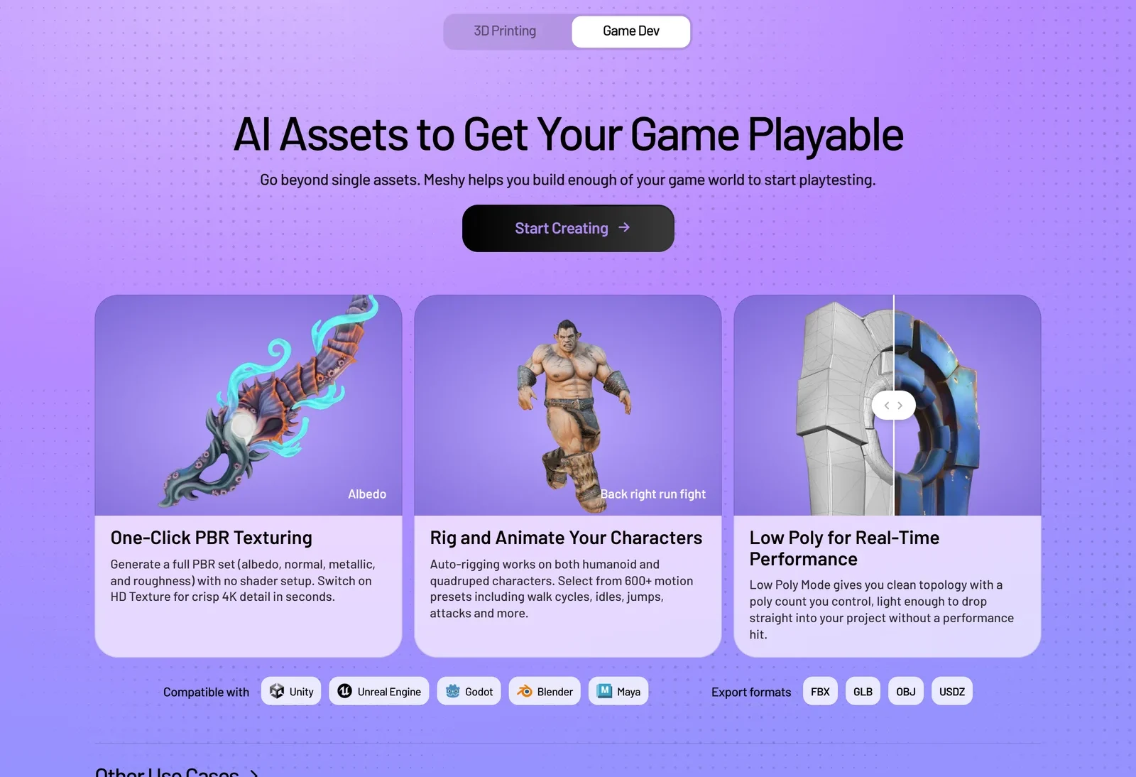 AI Assets to Get Your Game Playable: one-click PBR texturing, rig and animate your characters with 600+ motion presets, and Low Poly mode, compatible with Unity, Unreal Engine, Godot, Blender and Maya, exporting FBX, GLB, OBJ and USDZ