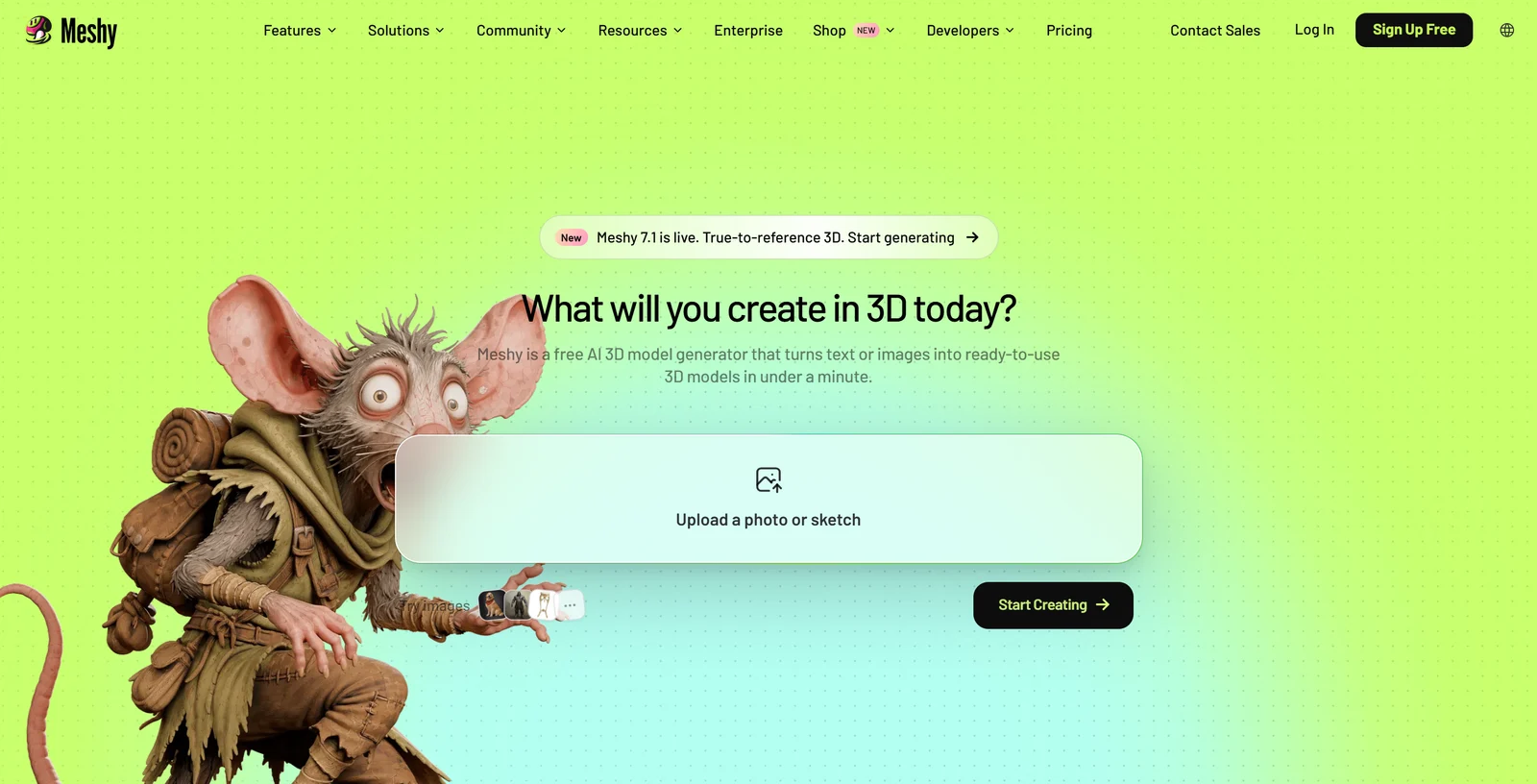 Meshy homepage, October 2026: What will you create in 3D today? Meshy is a free AI 3D model generator that turns text or images into ready-to-use 3D models in under a minute, with an upload box and a Meshy 7.1 announcement