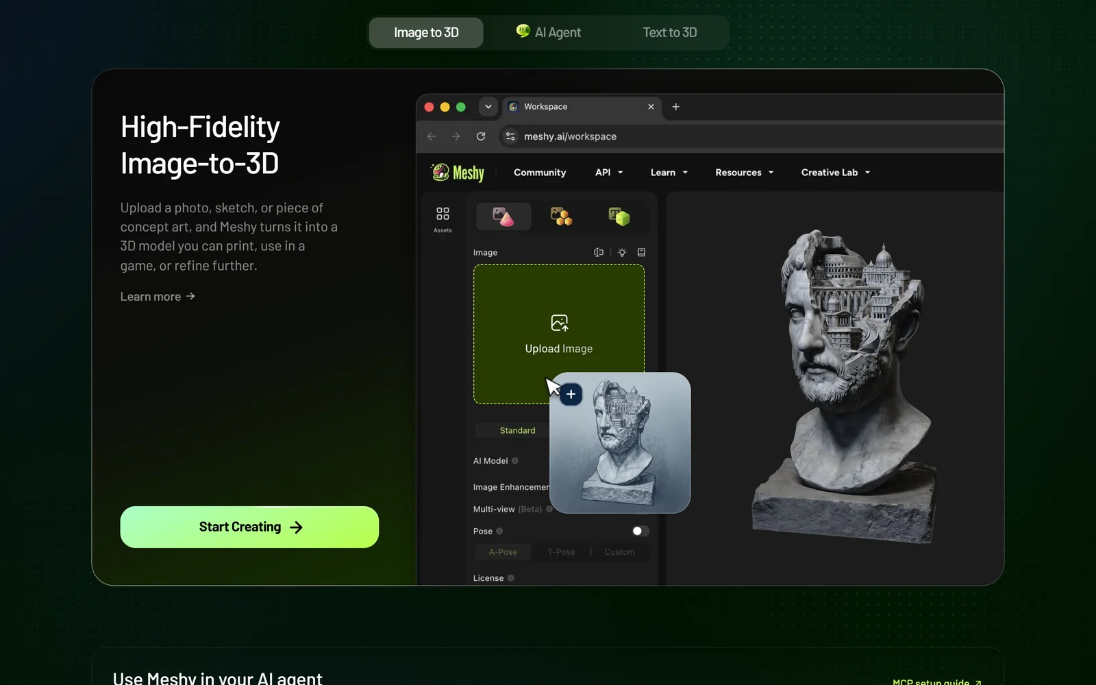 Meshy High-Fidelity Image-to-3D: upload a photo, sketch or concept art in the Meshy workspace and get a detailed marble bust 3D model