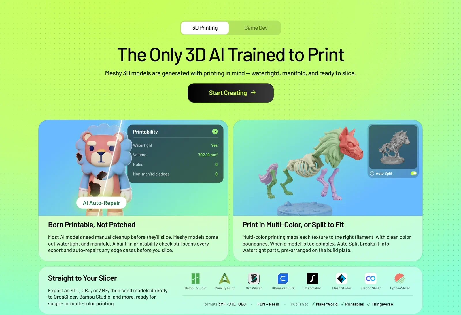 The Only 3D AI Trained to Print: Meshy's printability check showing watertight Yes and zero holes and non-manifold edges, AI Auto-Repair, multi-colour printing with Auto Split, and direct export to Bambu Studio, Creality Print, OrcaSlicer, Cura and other slicers in 3MF, STL and OBJ