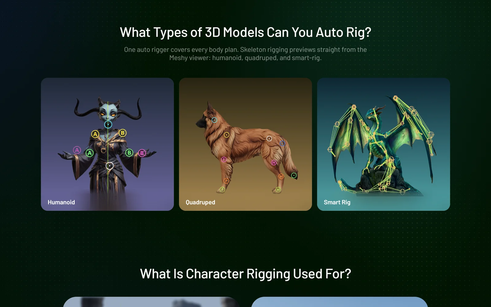 What types of 3D models can you auto rig? Meshy's auto rigger covers humanoid, quadruped and Smart Rig skeletons, shown on a horned sorceress, a dog and a dragon